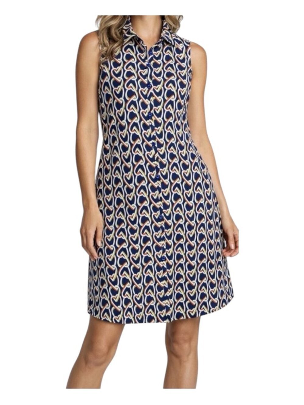 Cabi Heart Chain Print Sleeveless Tunic Blouse Dress Shirt Blue Medium Preppy
